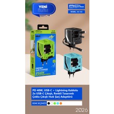 Azurtech AC-122 40W Gan Hızlı Şarj Adaptörü – Usb-C + Lightning Kablolu – 2x Type-C Çıkışlı