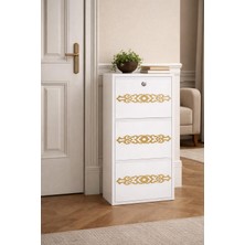 Karlı 3'lü Kilitli Beyaz Gold Desenli Metal Ayakkabılık