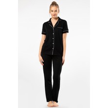 Türen Kadin Düz Kisa Kollu Gömlek Yaka Pijama Takimi 3368/SIYAH