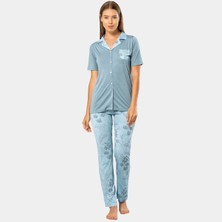 Türen Yaprak Desenli Kisa Kol Pijama 3376/MAVI