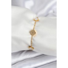 Ayışığı 316L Çelik Gold Renk Beyaz ve Zirkon Taşlı Baby Boy Yonca Kadın Bileklik