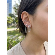 Museum Of You Gümüş Renk Zirkon Taşlı 3'lü Küpe Seti - Zincir Detaylı Yıldız Figürlü - Rodyum Kaplama - Kararma Yapmaz