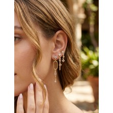 Museum Of You 3'lü Gold Küpe Seti - Zirkon Taşlı Geometrik Form Detaylı Sallantılı - 14K Altın Kaplama Renk Atma Yapmaz