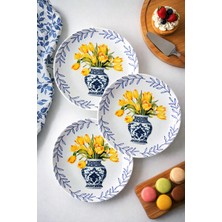 Grandora Vazo ve Çiçek Desenli (6 Adet, 20 Cm) Modern Pasta Tatlı Tabağı Seti – Şık Kahvaltılık Tabak