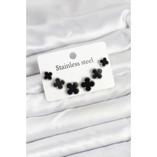 Ayışığı 316L Çelik Gümüş Siyah Renk 3 Boy Yonca Küpe Seti