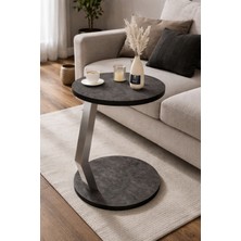 Tekerlekli C Sehpa Koltuk Sehpası Yan Sehpa Zigon Sehpa Servis Sehpası -Sıyah Mermer