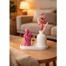 Yasmella Home Sonsuz Sarılan Sevgili Çift + Çizgili Dekor Vazo + Oval Düz Sunum Tepsi+ Cam Tüp Kibrit (20 Adet)