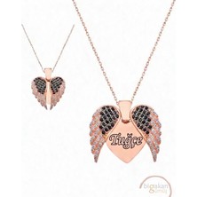 Bigakan 925 Ayar Gümüş Kanatlı Kalp Tuğçe Isimli Kolye 45 cm Rose Kaplama