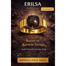 Erilsa Sertifikalı Ejderha Akik Doğal Taş Yüzük Siyah Akik Ayarlanabilir El Yapımı
