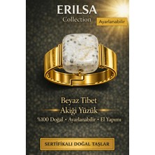 Erilsa Sertifikalı Beyaz Tibet Akik Yüzük Doğal Taş Yüzük Ayarlanabilir El Yapımı Enerji Taşı