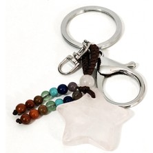 Moncuk Design Yıldız Kesim Pembe Kuvars Doğal Taş ve Çakra Boncuklu Anahtarlık Gümüş Renk – Sevgi Enerjili Bohem Şık Çanta & Anahtar Aksesuarı