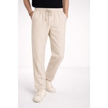 Erkek Bej Rahat Kesim Lastikli Bel Keten Pantolon
