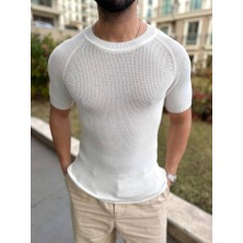 Elku Moda Örme Triko Tişört Kısa Kollu Pamuklu Triko Slim Fit Dar Kesim T-Shirt