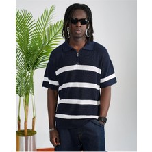 Elku Moda Rahat ve Şık Çizgili Yarım Fermuarlı Polo Yaka Tişört Yaz Modasının Vazgeçilmezi