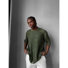 Elku Moda Retro Oversize Eskitme Detaylı Fitilli Triko Tişört Vintage Yıkamalı Kısa Kollu Knitwear T-Shirt