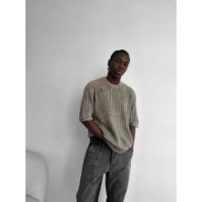 Elku Moda Retro Oversize Eskitme Detaylı Fitilli Triko Tişört Vintage Yıkamalı Kısa Kollu Knitwear T-Shirt