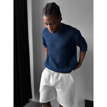 Elku Moda Retro Oversize Eskitme Detaylı Fitilli Triko Tişört Vintage Yıkamalı Kısa Kollu Knitwear T-Shirt