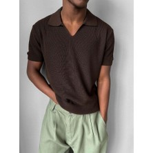 Elku Moda Erkek Italyan Yaka Yarım Oversize Triko Tişört Rahat Kesim Örme Polo Yaka T-Shirt