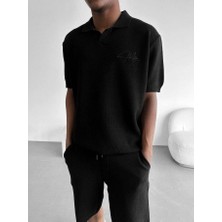 Elku Moda Erkek Petek Dokulu Triko Polo Yaka Tişört Nakışlı Örme Kısa Kollu Oversize Polo T-Shirt