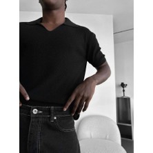 Elku Moda Erkek Italyan Yaka Yarım Oversize Triko Tişört Rahat Kesim Örme Polo Yaka T-Shirt