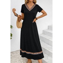 Nidam Butik Kadın Kısa Kollu V Yakalı Etnik Şerit Detaylı Uzun Viskon