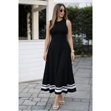 Meğdaix Kadın Askılı Yuvarlak Yakalı Etek Ucu Şerit Detaylı Uzun Viskon Elbise