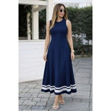 Nnstartshopping  Kadın Askılı Yuvarlak Yakalı Etek Ucu Şerit Detaylı Uzun Viskon Elbise