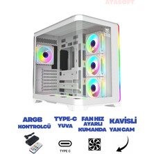ATAsoft Gaming Akvaryum Kavisli Kasa 7X120MM Beyaz Argb Fanlı Type-C & 2x USB Argb Kumandalı Akvaryum Kasa