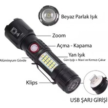 K-yonlineticaret WS-2828 Ultra USB Şarjlı Polis El Feneri, Bekçi, Asker El Feneri Kırmızı Mavi Çakarlı 1000 Lümen (55