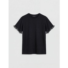 LC Waikiki Lcw Comfort Siyah Bisiklet Yaka Fırfırlı Kadın Tişört