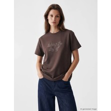 LC Waikiki Lcw Modest Kahverengi Bisiklet Yaka Baskılı Kadın Tişört