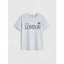 LC Waikiki Xsıde Gri Bisiklet Yaka London Nakışlı Kadın Tişört