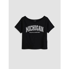 LC Waikiki Xsıde Siyah Kayık Yaka Baskılı Kadın Tişört