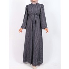 Moda Morfo Kolu Lastikli Sim Çizgili Kemerli  Elbise -Gri