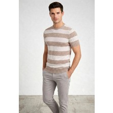 Velmora Fashion Erkek T-Shirt Çizgili Triko  Kısa Kol Yazlık Dokuma Bisiklet Yaka Tişört - Bej