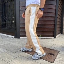 Sidelya Concept Erkek Üç Iplik Kışlık Pamuklu Yandan Garneli Kalın Şeritli Cepli Eşofman Altı - Bej