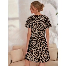 Ulak Handmader Kadın Kısa Kollu Bisiklet Yaka Leopa Desen Süprem Elbise