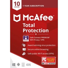Mcafee Total Protection + Safe Connect Vpn - 10 Cihaz 1 Yıl Abonelik Kodu (Mail Adresinize Tanımlanır)