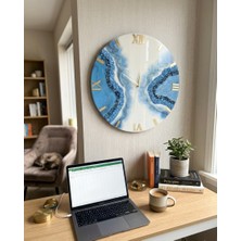 Duvar Saati - 40 cm - Modern Dekoratif Duvar Saati - Epoksi Duvar Saati - El Yapımı Duvar Saati -Mavi-Beyaz