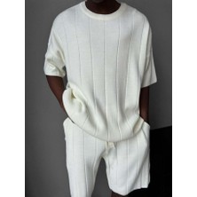 Elku Moda Erkek Yarım Oversize Triko Şort Tişört Takımı Çizgili Örme Bisiklet Yaka Yazlık Alt Üst Set