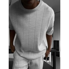 Elku Moda Erkek Yarım Oversize Triko Şort Tişört Takımı Çizgili Örme Bisiklet Yaka Yazlık Alt Üst Set