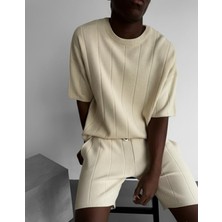 Elku Moda Erkek Yarım Oversize Triko Şort Tişört Takımı Çizgili Örme Bisiklet Yaka Yazlık Alt Üst Set