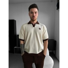 Elku Moda Erkek Oversize Çizgili Triko Polo Yaka Tişört Old Money Stil Örme Polo T-Shirt