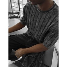 Elku Moda Vintage Görünümlü Bisiklet Yaka Triko Relaxed Fit Asit Yıkama Örme Tişört