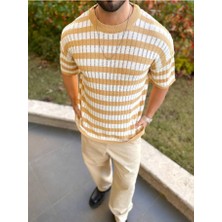 Elku Moda T-Shirt Nefes Alabilen Natural Pamuk  Tshirt Terletmez Kumaş Oversize Örme Çizgili Tişört