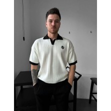 Elku Moda Erkek Oversize Çizgili Triko Polo Yaka Tişört Old Money Stil Örme Polo T-Shirt
