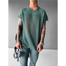 Elku Moda Erkek File Dokulu Örme Oversize Tişört Bisiklet Yaka Delikli Yazlık Triko T-Shirt