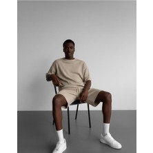 Elku Moda Erkek Yarım Oversize Triko Şort Tişört Takımı Çizgili Örme Bisiklet Yaka Yazlık Alt Üst Set