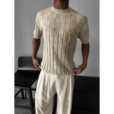 Elku Moda Vintage Görünümlü Bisiklet Yaka Triko Relaxed Fit Asit Yıkama Örme Tişört