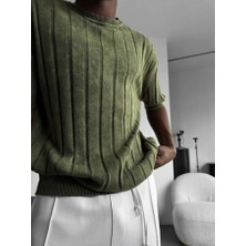 Elku Moda Vintage Görünümlü Bisiklet Yaka Triko Relaxed Fit Asit Yıkama Örme Tişört